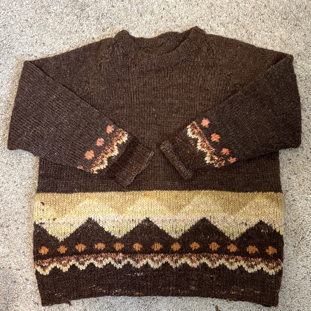 HandKnit Wool Unisex Nordic Style Brown Sweater w/ Gold and Burnt Orange Pattern